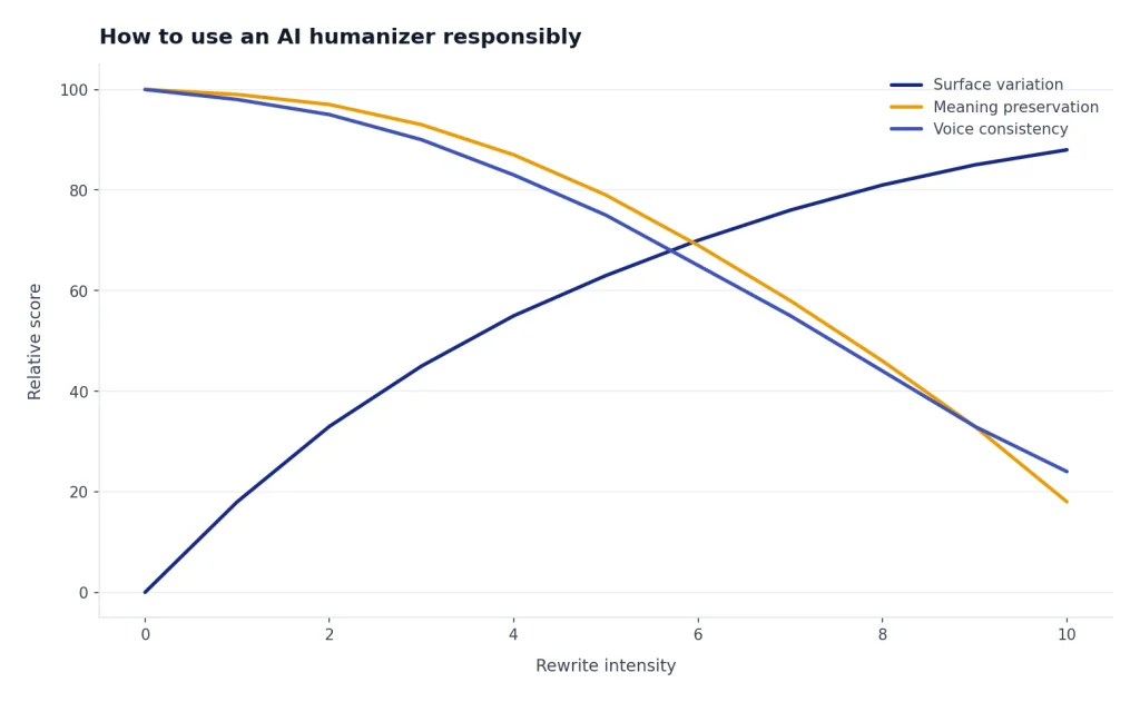 Conceptual chart showing surface variation rising while meaning preservation and voice consistency fall as rewrite intensity increases.