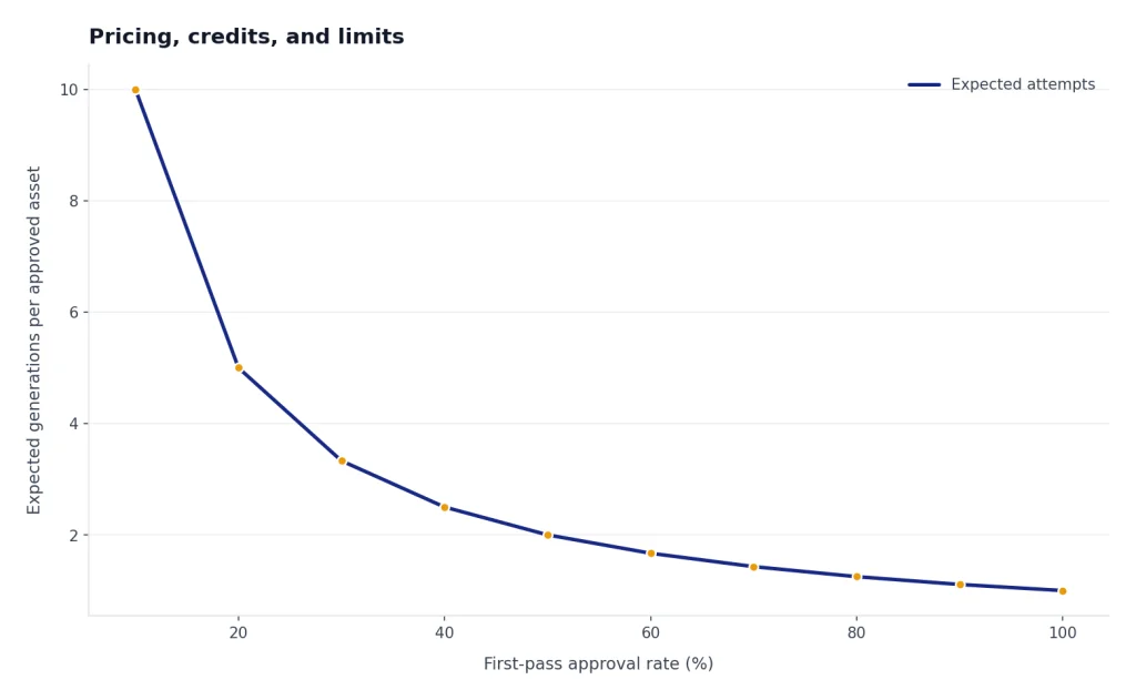 Line chart: approval rate 10% to 100% falls from 10 to 1 expected generations per approved asset.