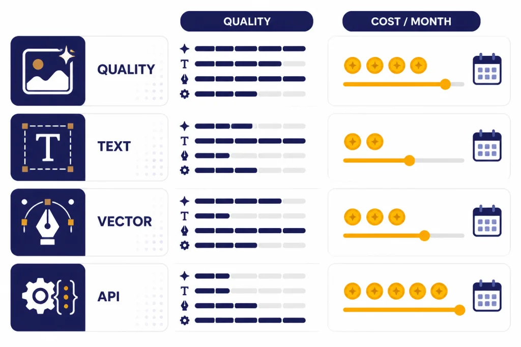 Tool Comparison Dashboard Comparison dashboard with tool cards, scoring bars labeled QUALITY, TEXT, VECTOR, and API, plus cost meters.