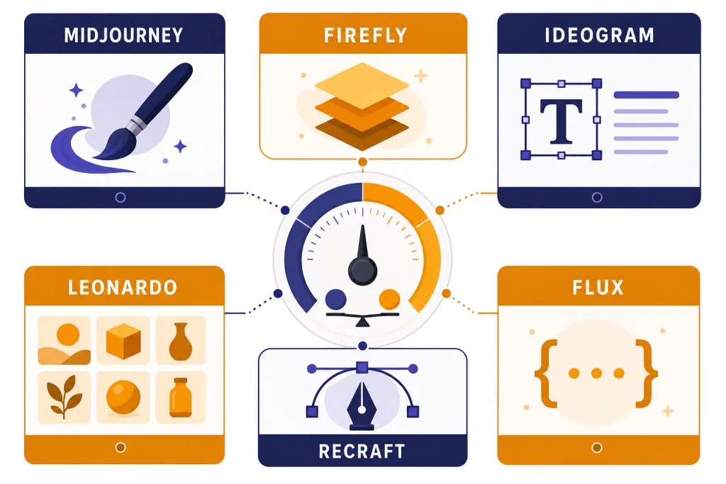 AI Image Tool Matrix Decision dashboard with six cards labeled MIDJOURNEY, FIREFLY, IDEOGRAM, LEONARDO, RECRAFT, and FLUX.