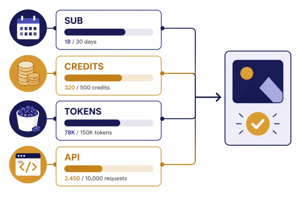 Four billing meters labeled SUB, CREDITS, TOKENS, and API pointing to a final approved image card.