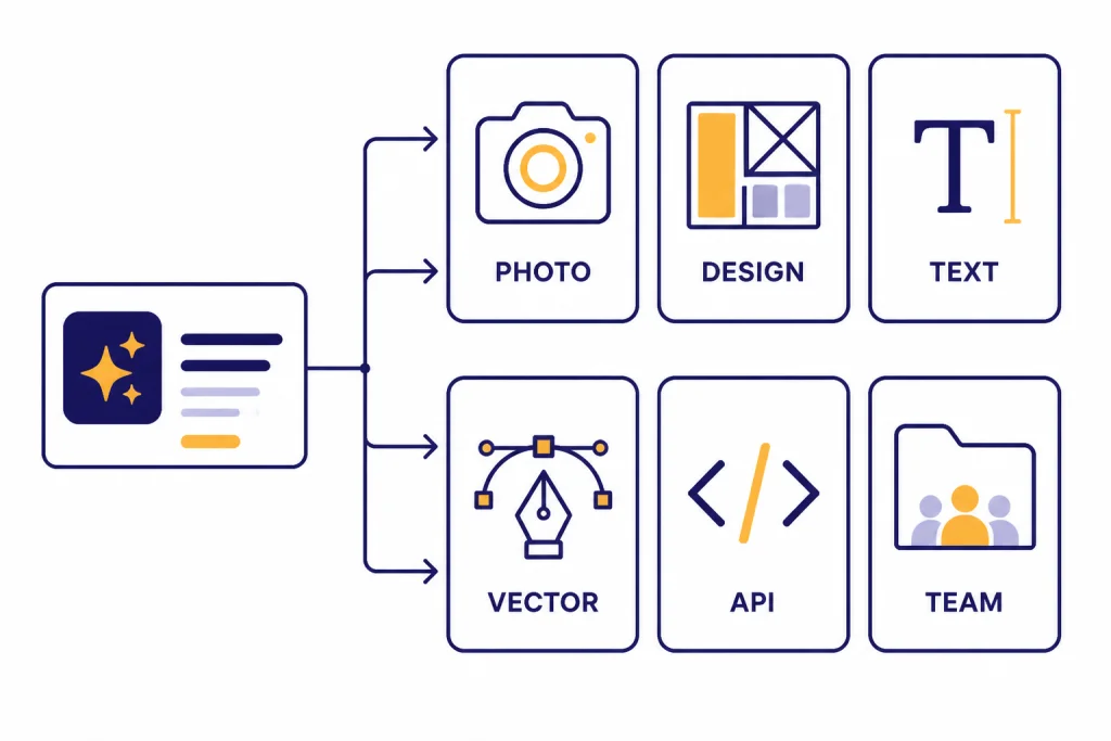 Quick Pick Routing Grid Quick-pick grid with tiles labeled PHOTO, DESIGN, TEXT, VECTOR, API, and TEAM connected from one prompt card.