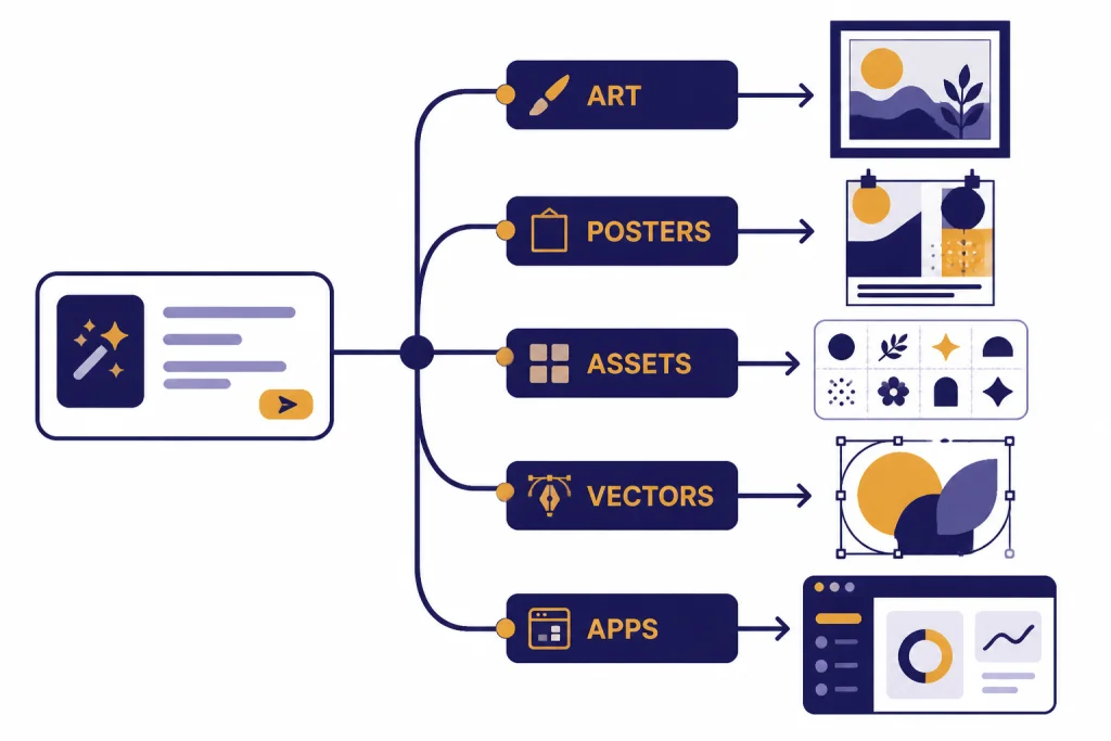 Use-case selector with lanes labeled ART, POSTERS, ASSETS, VECTORS, and APPS ending in different artifacts.