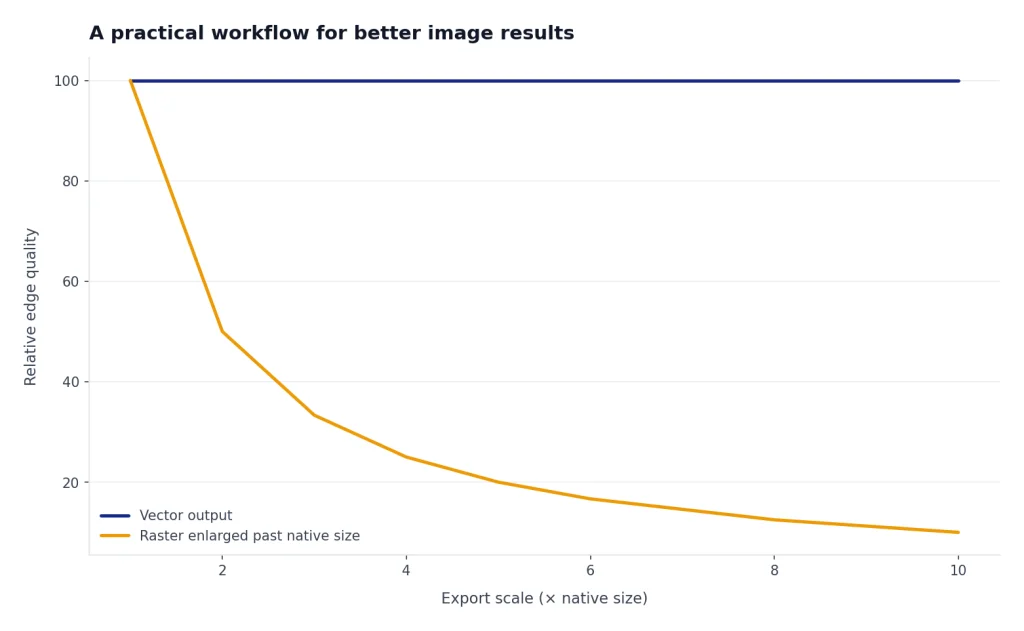 Line chart: vector quality stays at 100 while raster quality drops from 100 to 10 as export scale rises 1x to 10x.