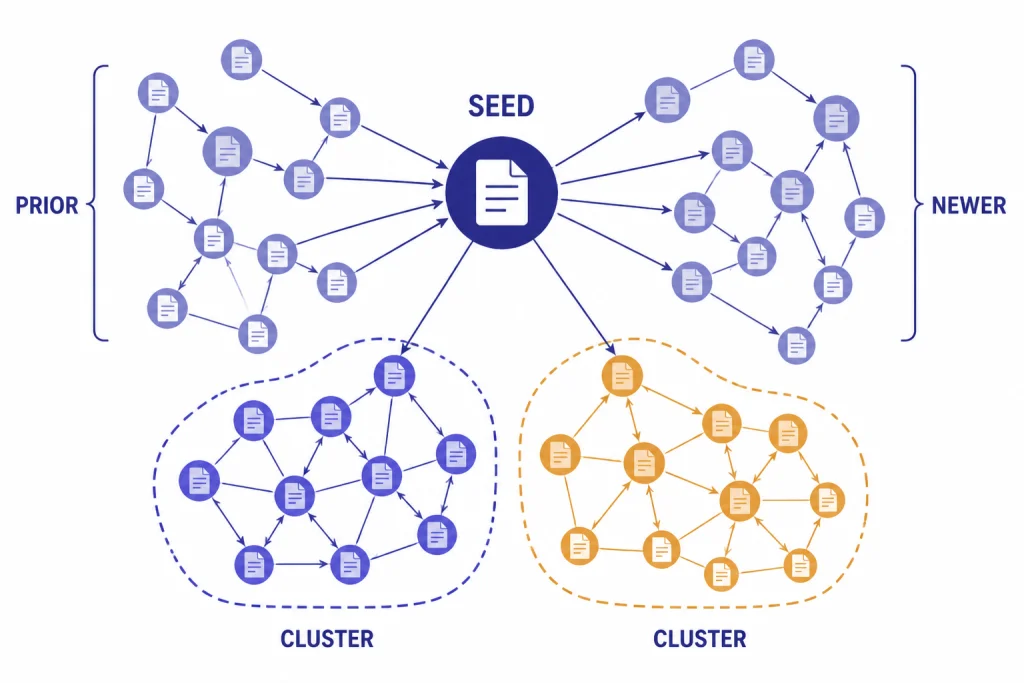 Citation network with labels SEED, PRIOR, NEWER, and CLUSTER around connected paper nodes.