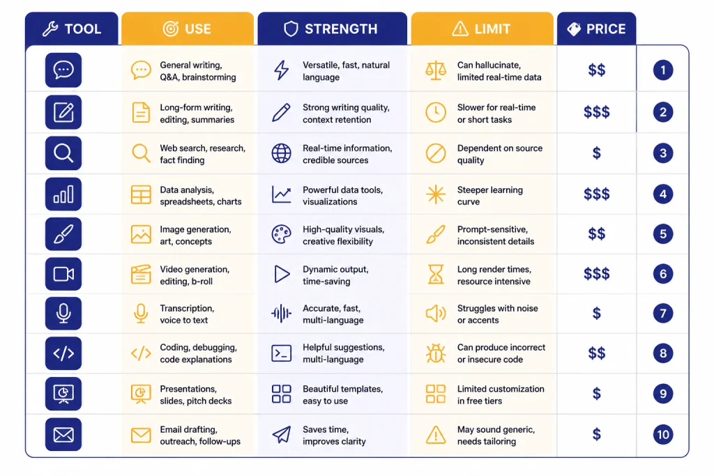 Comparison table card labeled TOOL, USE, LIMIT, and PRICE with ten tool rows and citation badges.