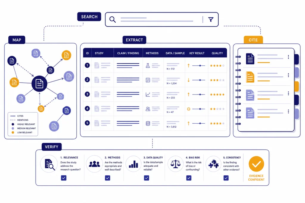 Academic AI Research Workflow Academic research dashboard with labeled modules SEARCH, MAP, EXTRACT, CITE, and VERIFY around an evidence table.