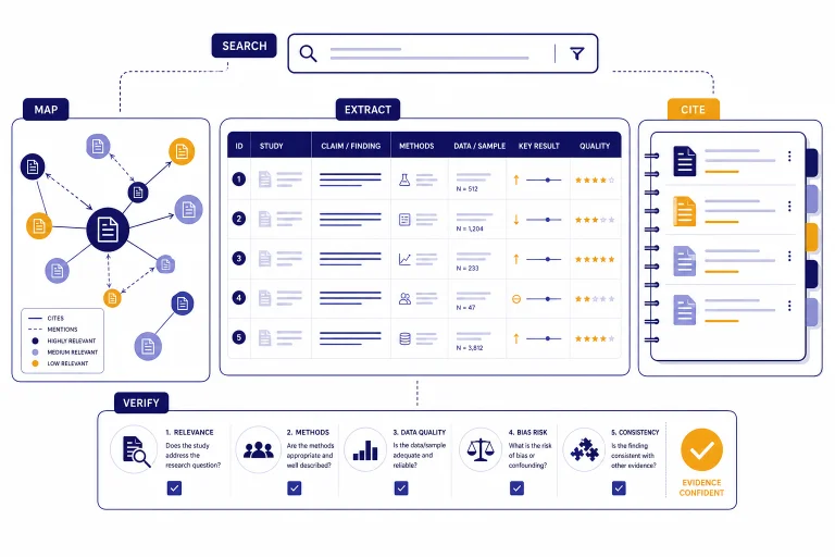 Academic research dashboard with labeled modules SEARCH, MAP, EXTRACT, CITE, and VERIFY around an evidence table.