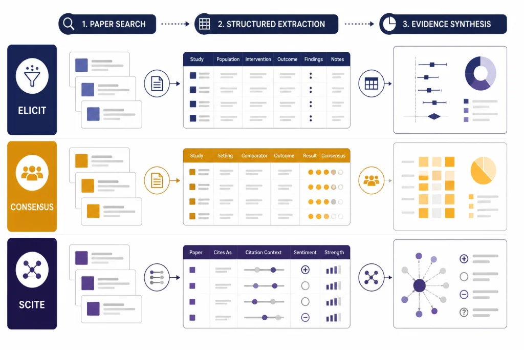 Three-lane workflow labeled ELICIT, CONSENSUS, and SCITE moving papers into tables and citation markers.