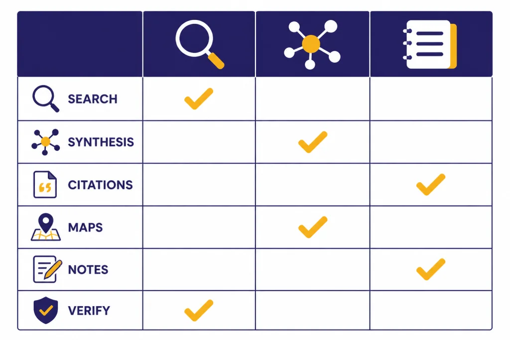 Research Tool Decision Grid Decision grid with rows labeled SEARCH, SYNTHESIS, CITATIONS, MAPS, NOTES, and VERIFY with checkmarks.