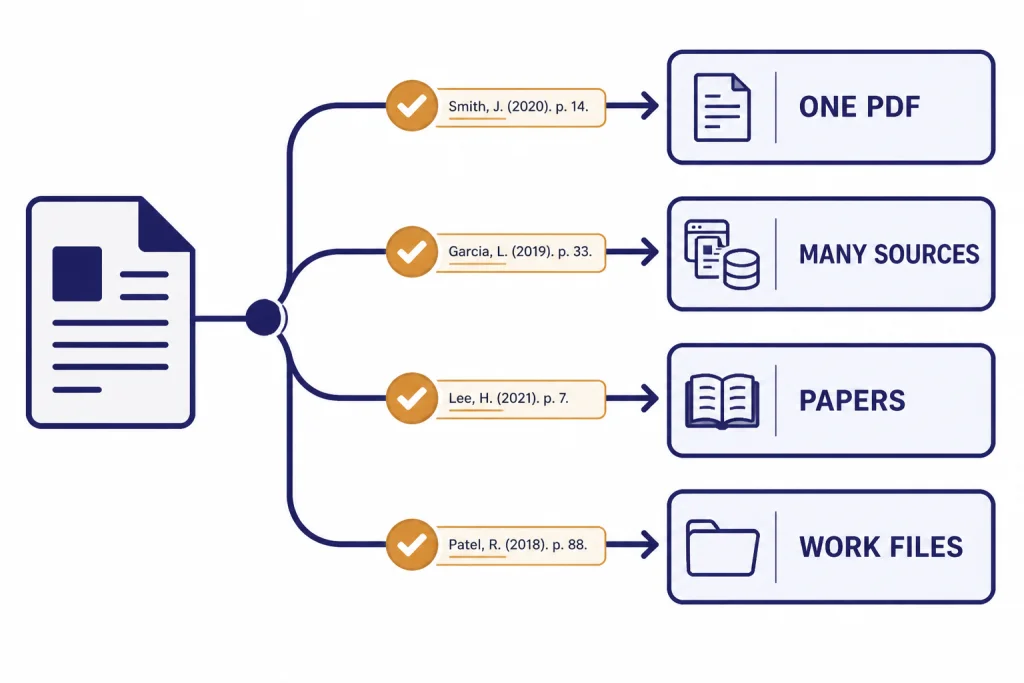 Decision flowchart branching from a document icon to boxes labeled ONE PDF, MANY SOURCES, PAPERS, and WORK FILES.