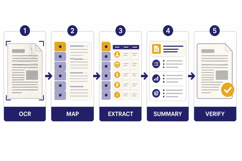 Five-step pipeline labeled OCR, MAP, EXTRACT, SUMMARY, and VERIFY with document and checklist icons.