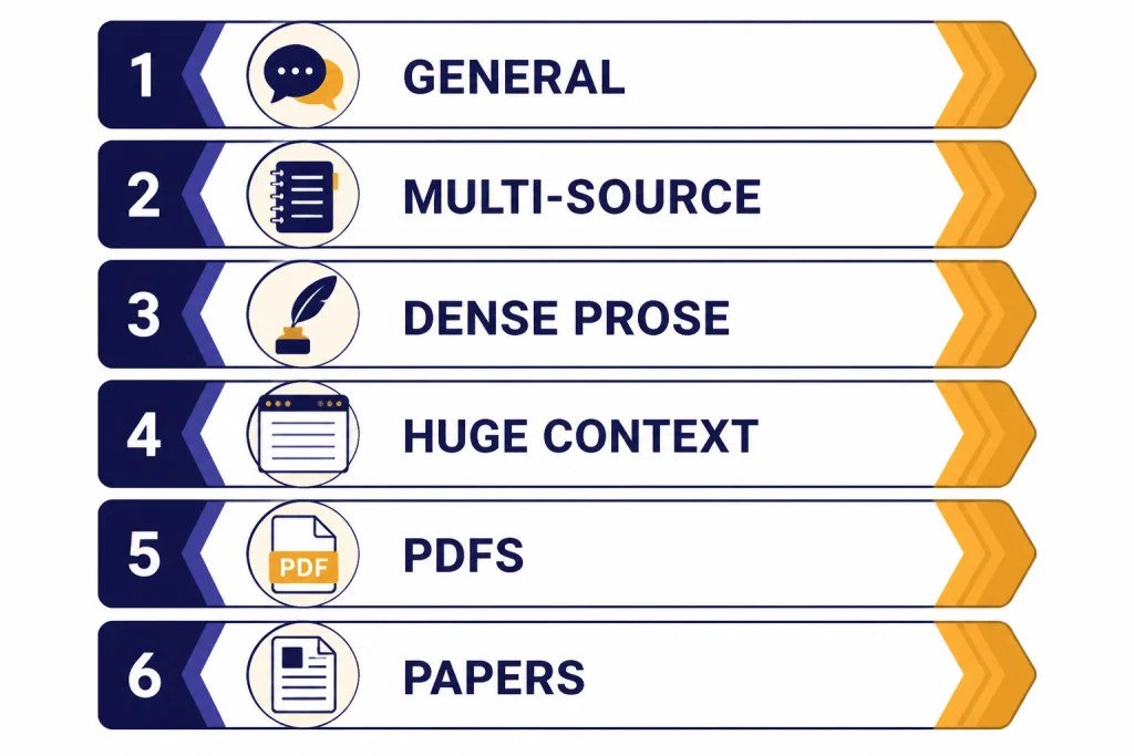 Quick-pick board with six cards labeled GENERAL, MULTI-SOURCE, DENSE PROSE, HUGE CONTEXT, PDFS, and PAPERS.