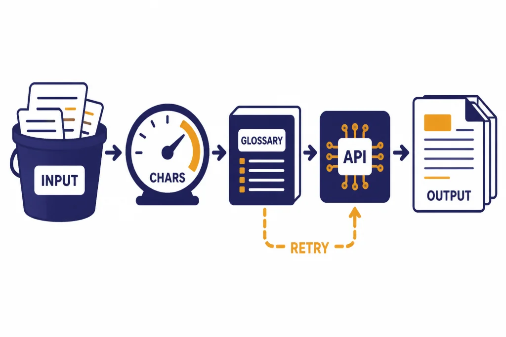API Translation Pipeline API pipeline with components labeled INPUT, CHARS, GLOSSARY, API, and OUTPUT.