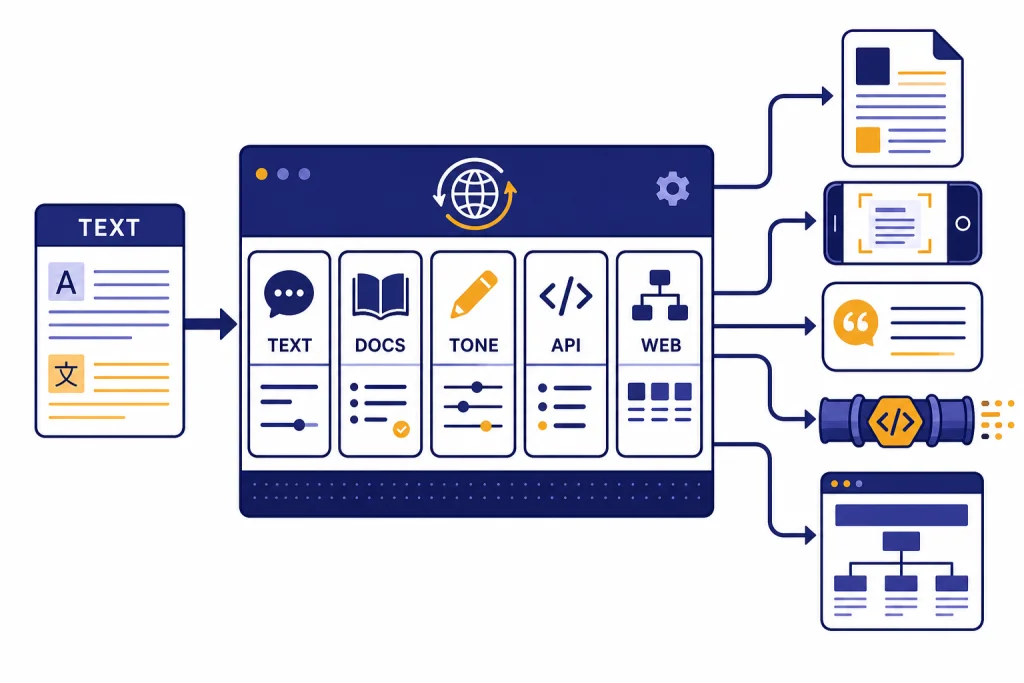 AI Translation Tool Matrix Translation workbench feeding cards labeled TEXT, DOCS, TONE, API, and WEB into different outputs.