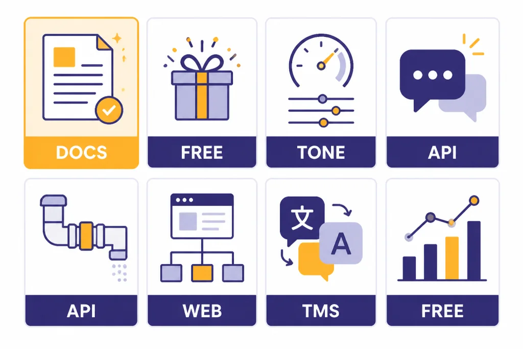 Quick-picks grid with tiles labeled DOCS, FREE, TONE, API, WEB, and TMS.