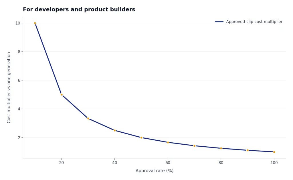 Line from 10x at 10% approval to 1x at 100%, labeled Approved-clip cost multiplier.