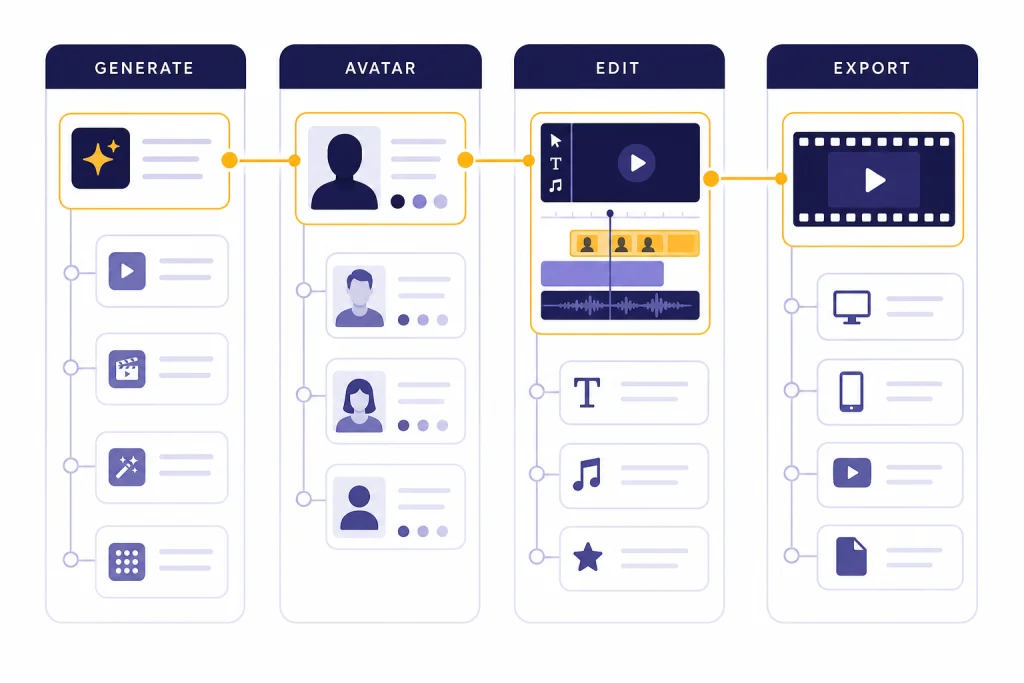 AI Video Tool Matrix AI video decision dashboard with lanes labeled GENERATE, AVATAR, EDIT, and EXPORT connected by a highlighted path.