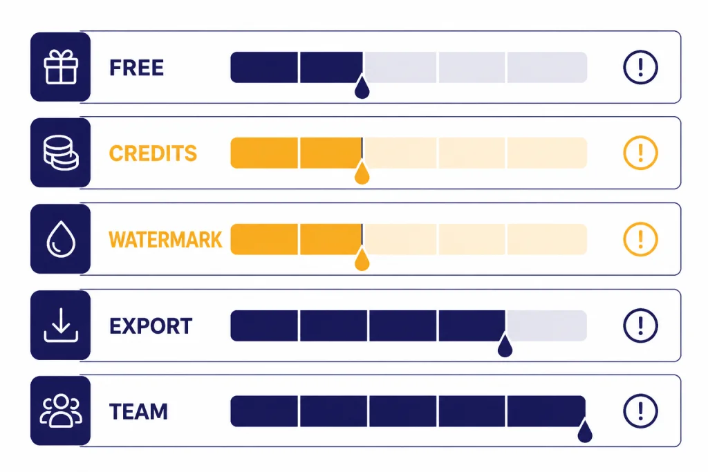 AI Video Pricing Traps Pricing risk dashboard with meters labeled FREE, CREDITS, WATERMARK, EXPORT, and TEAM.