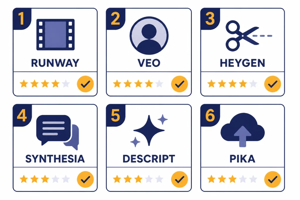 AI Video Quick Picks Six scorecard cards labeled RUNWAY, VEO, HEYGEN, SYNTHESIA, DESCRIPT, and PIKA with checkmarks.