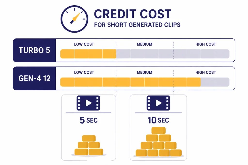 Credit gauge comparing TURBO 5 and GEN-4 12 with 5 SEC and 10 SEC clip tiles.
