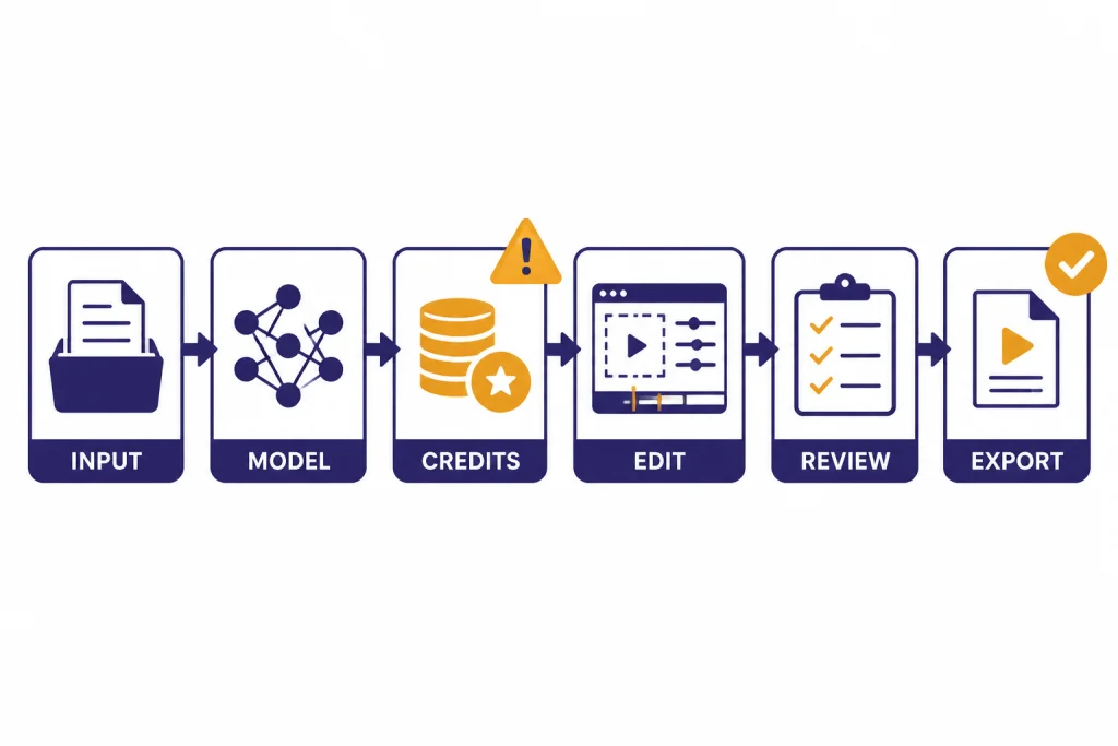 Flowchart boxes labeled INPUT, MODEL, CREDITS, EDIT, REVIEW, and EXPORT with warning at CREDITS.