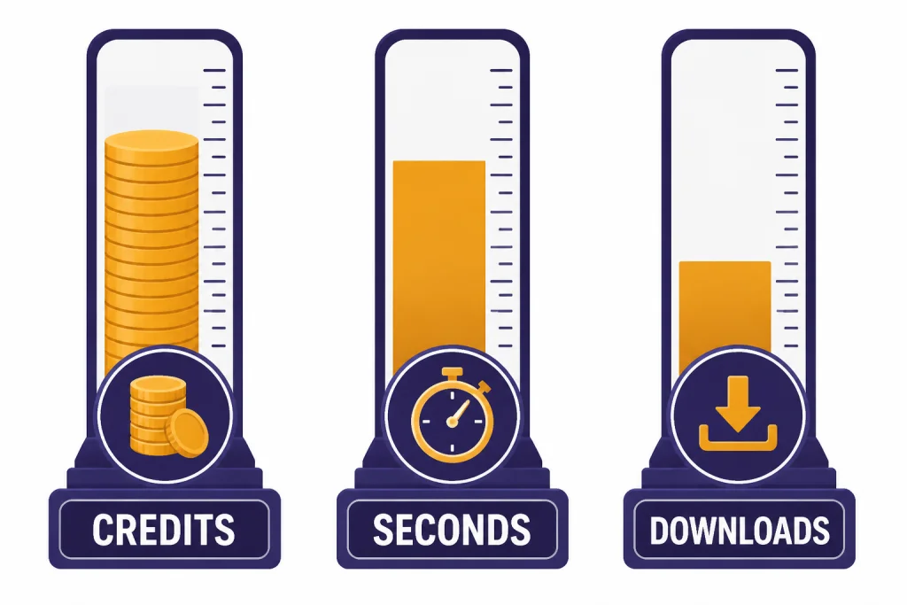 Three billing gauges labeled CREDITS, SECONDS, and DOWNLOADS.