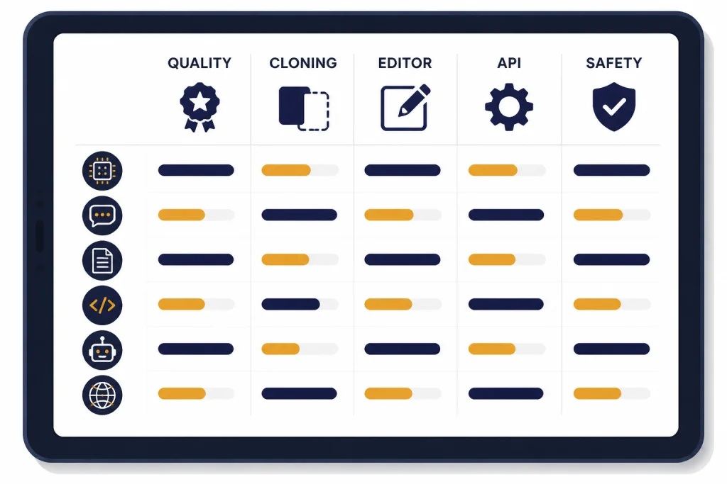 AI Voice Comparison Matrix Comparison matrix with columns labeled QUALITY, CLONING, EDITOR, API, and SAFETY.