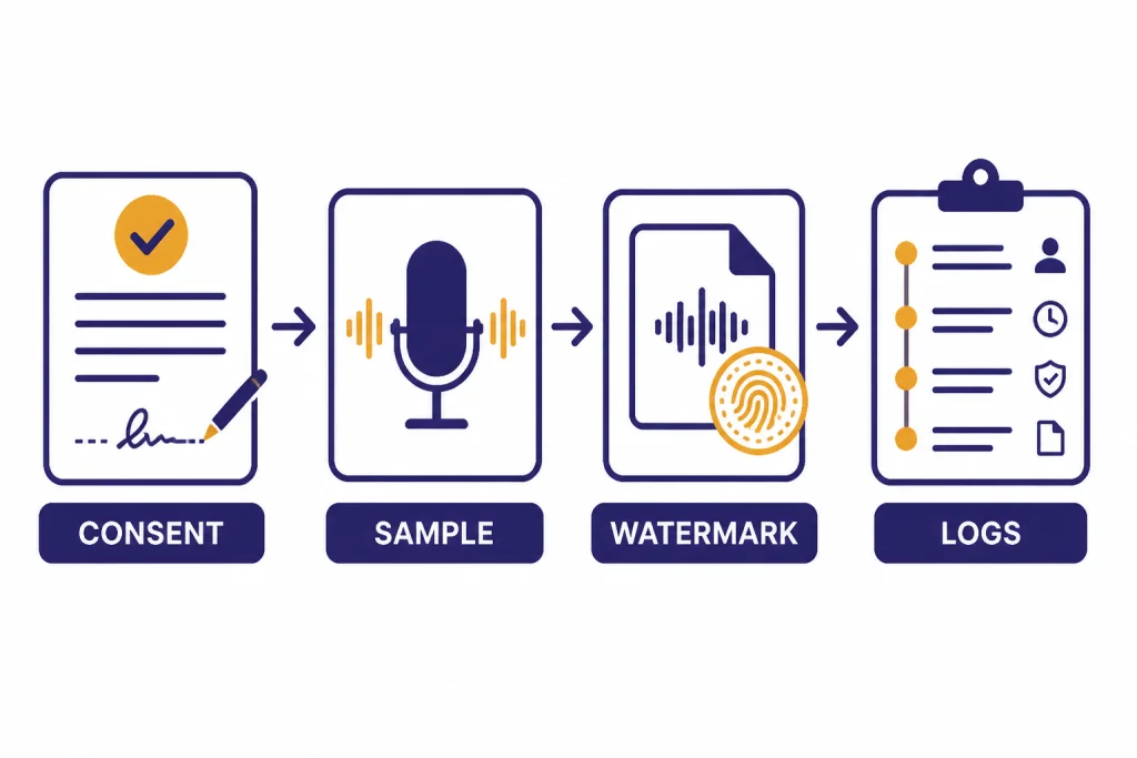 Voice Cloning Consent Flow Consent workflow with boxes labeled CONSENT, SAMPLE, WATERMARK, and LOGS.