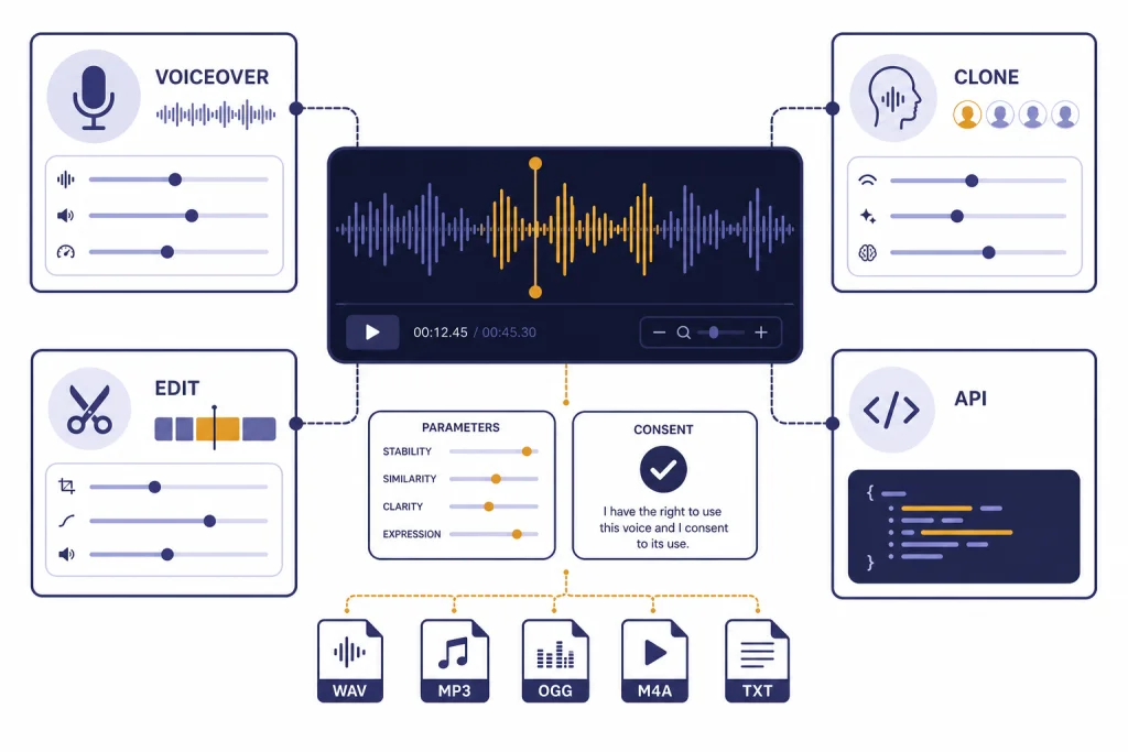 AI Voice Tool Overview Waveform panel connected to four tool cards labeled VOICEOVER, CLONE, EDIT, and API.