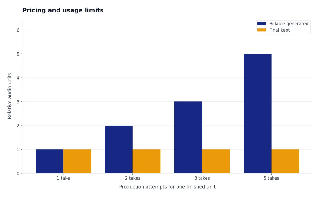 Grouped bars for 1, 2, 3, and 5 takes showing billable generated rising while final kept stays at 1.