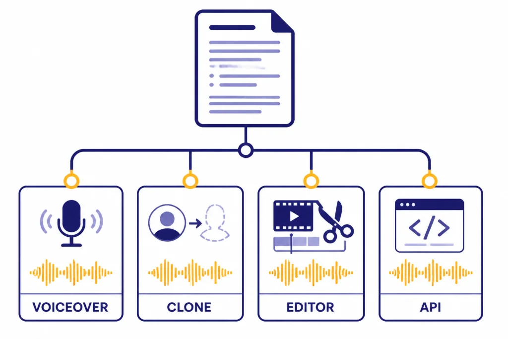 Voice Tool Use Cases Decision tree from a script into cards labeled VOICEOVER, CLONE, EDITOR, and API.