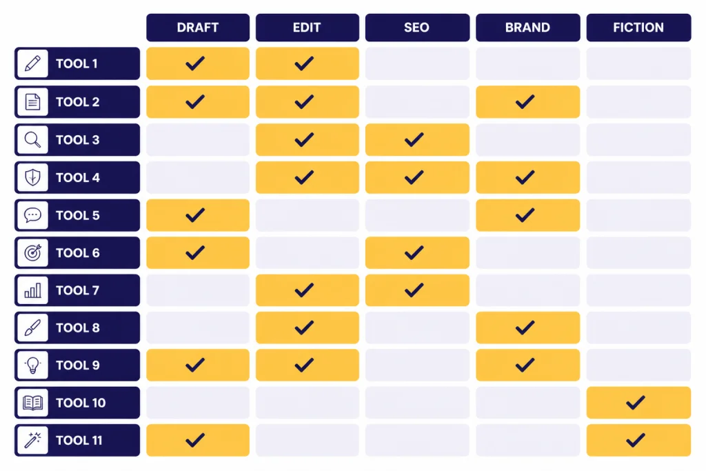 Writing Tool Matrix Comparison matrix with capability columns labeled DRAFT, EDIT, SEO, BRAND, and FICTION and highlighted cells.