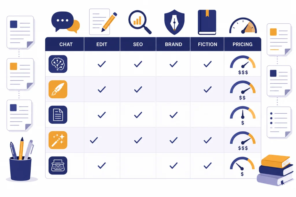 AI Writing Tool Comparison Comparison dashboard with columns labeled CHAT, EDIT, SEO, BRAND, and FICTION, plus check marks and writing icons.