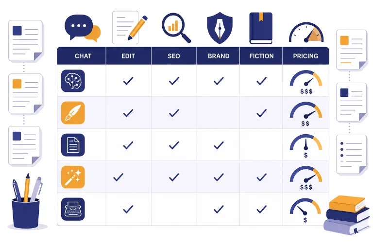 Comparison dashboard with columns labeled CHAT, EDIT, SEO, BRAND, and FICTION, plus check marks and writing icons.