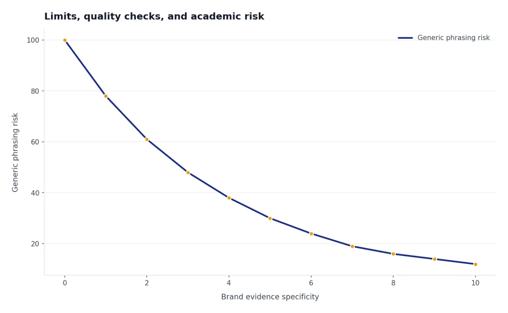Line chart with x label Brand evidence specificity and y label Generic phrasing risk; line falls 100 to 12.