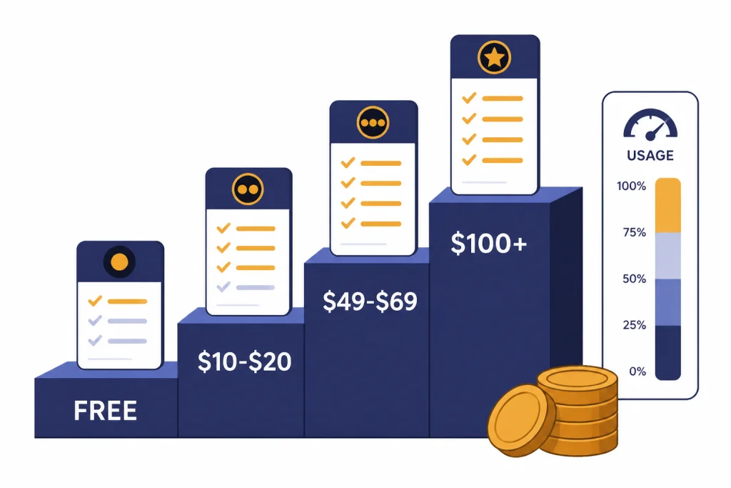 Pricing ladder with steps labeled FREE, $10-$20, $49-$69, and $100+, plus coins and a usage meter.