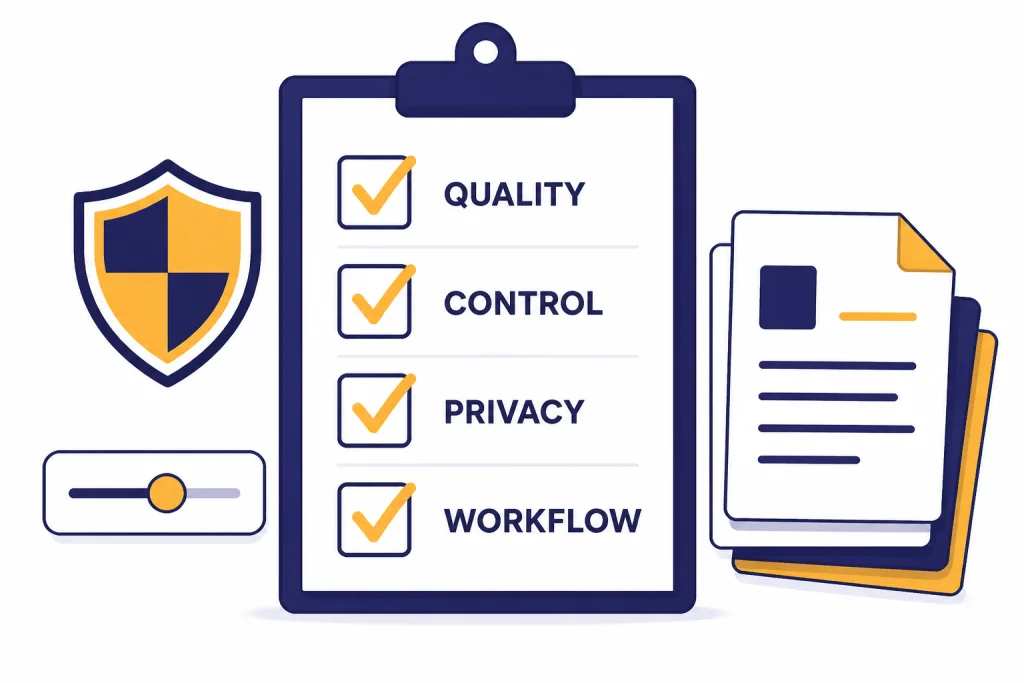 Clipboard checklist with boxes labeled QUALITY, CONTROL, PRIVACY, and WORKFLOW beside document and shield icons.