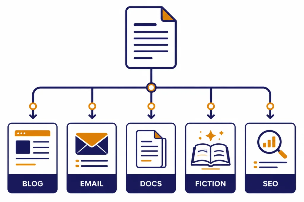 Decision tree branching from one document to five cards labeled BLOG, EMAIL, DOCS, FICTION, and SEO.