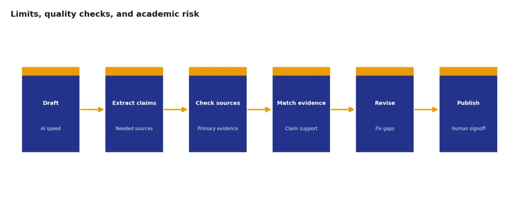 Process with 6 stages: Draft, Extract claims, Check sources, Match evidence, Revise, Publish.