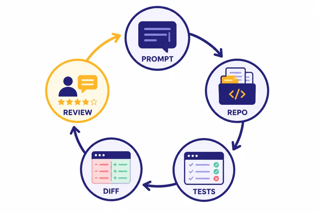Circular coding agent loop with nodes labeled PROMPT, REPO, TESTS, DIFF, and REVIEW.