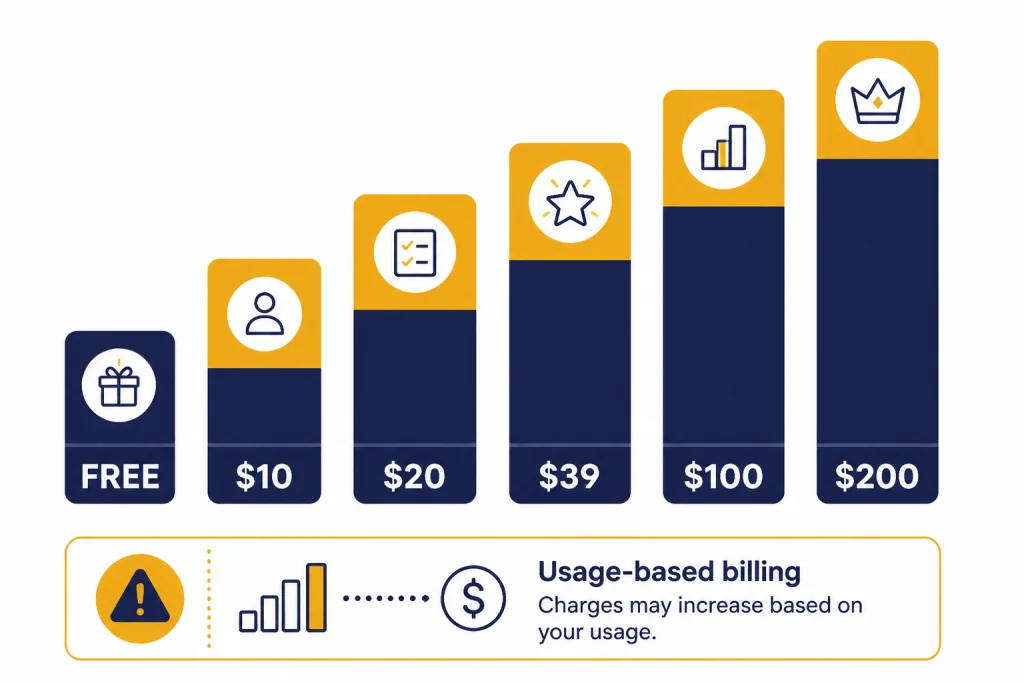 Pricing board with bars labeled FREE, $10, $20, $39, $100, and $200 plus a usage caution marker.
