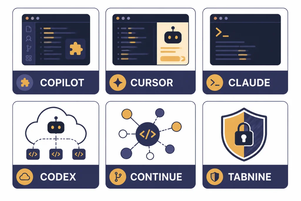 Coding Tool Quick Picks Six quick-pick cards labeled COPILOT, CURSOR, CLAUDE, CODEX, CONTINUE, and TABNINE.