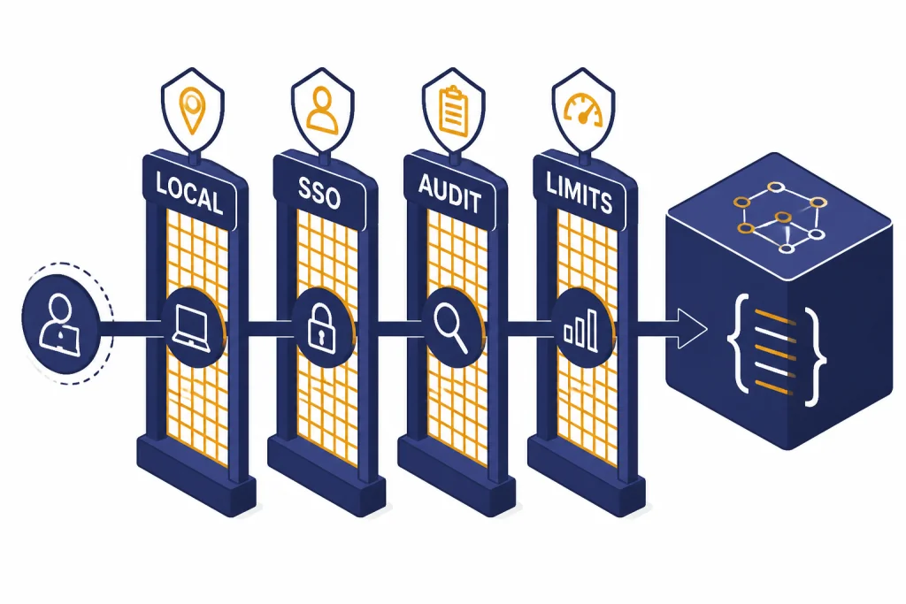 Security gate diagram with four gates labeled LOCAL, SSO, AUDIT, and LIMITS before a code repository cube.