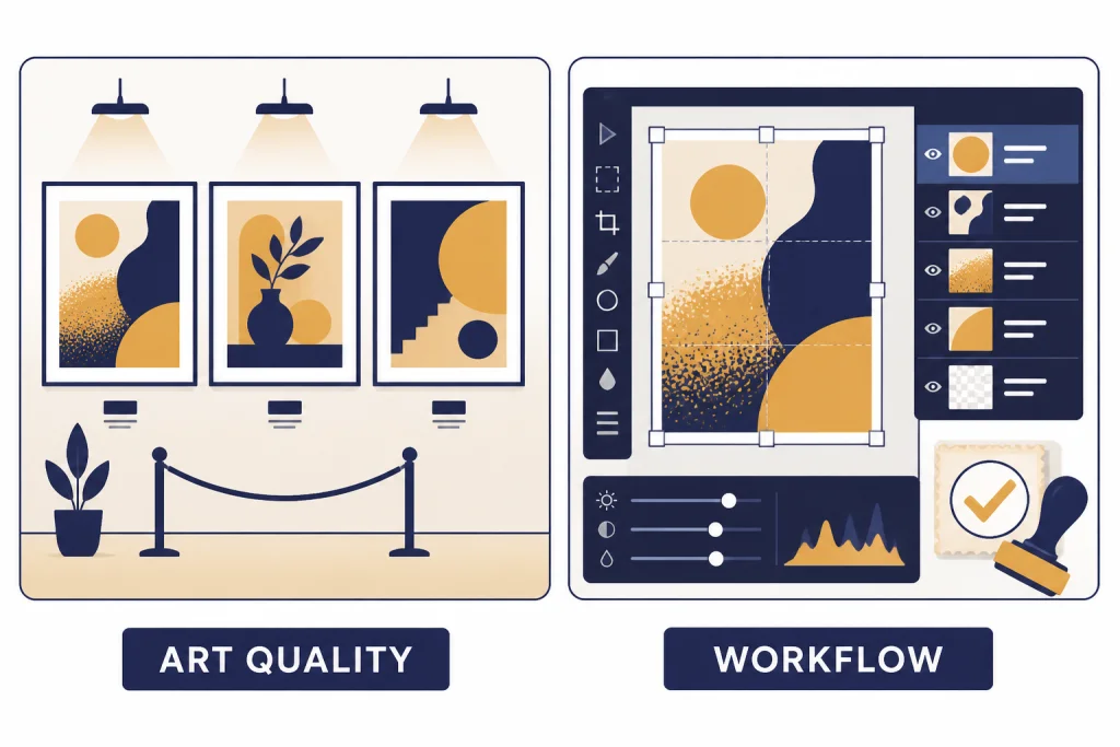 Art Quality Versus Workflow Two panels labeled ART QUALITY and WORKFLOW, with framed thumbnails on one side and editing layers on the other.