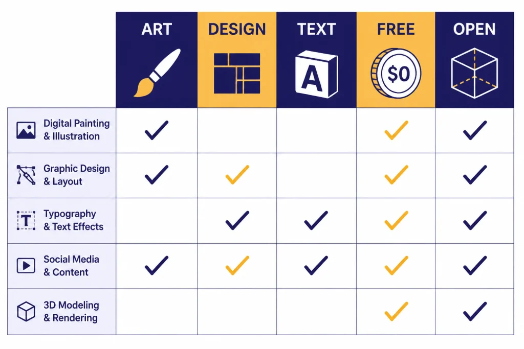 Image Tool Decision Matrix Decision matrix with columns labeled ART, DESIGN, TEXT, FREE, and OPEN, each with matching icons.