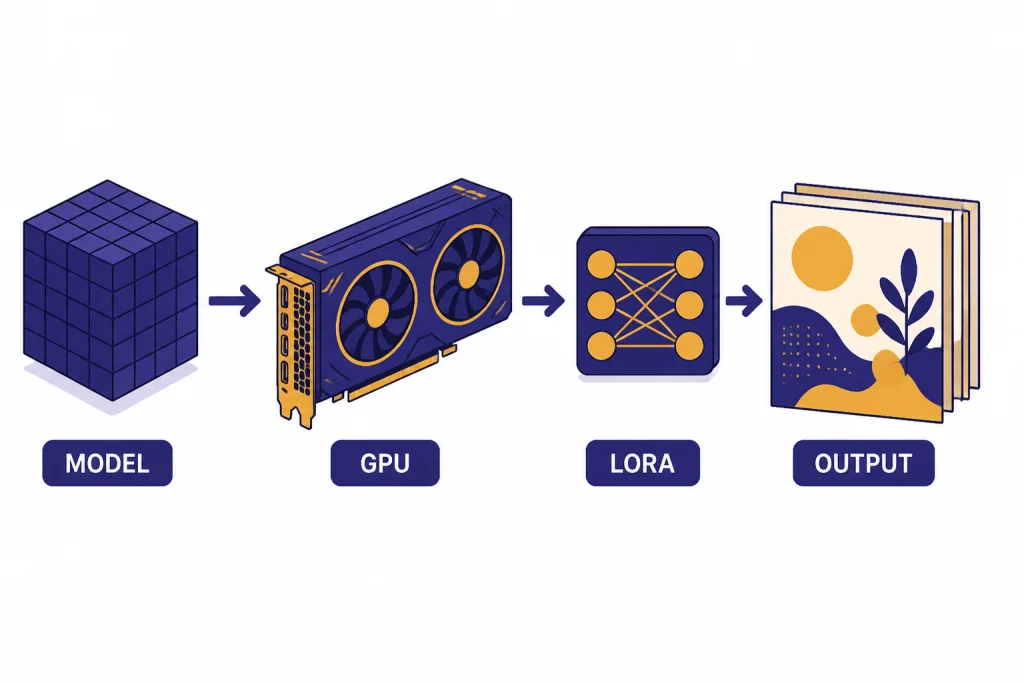 Open Weight Generation Workflow Local generation workflow labeled MODEL, GPU, LORA, and OUTPUT connected left to right.