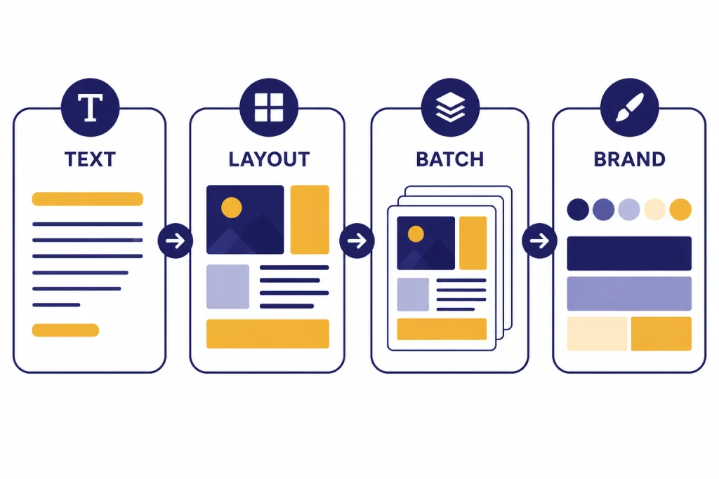 Social Asset Production Pipeline Four-card production pipeline labeled TEXT, LAYOUT, BATCH, and BRAND for social design assets.