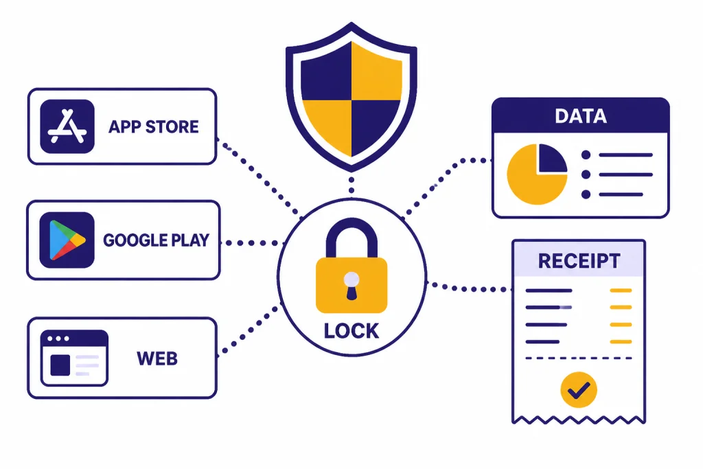 Privacy and billing diagram labeled APP STORE, GOOGLE PLAY, WEB, DATA, RECEIPT, and LOCK.
