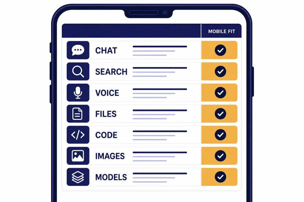 Mobile AI App Grid Smartphone comparison grid with tiles labeled CHAT, SEARCH, VOICE, FILES, CODE, and IMAGES.